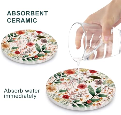 Image of 6 Pcs Cute Flower Drink Coasters with Holder Modern Wood Absorbent Coasters Decorative Coffee Table Set of 6 Desk Vintage Outdoor Colorful Floral Tea Cup Decor Coasters Gift