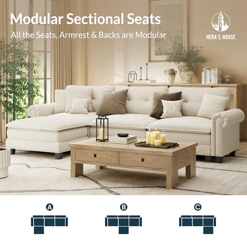 Image of HERA'S HOUSE 116 inch Oversized L Shaped Modular Sectional Couch Living Room | Mid-Century Modern 4-Seater Cloud Sofa, White, Rolled Arms & Nailhead Trim, Wider Deeper Seats, Ottoman, Chenille