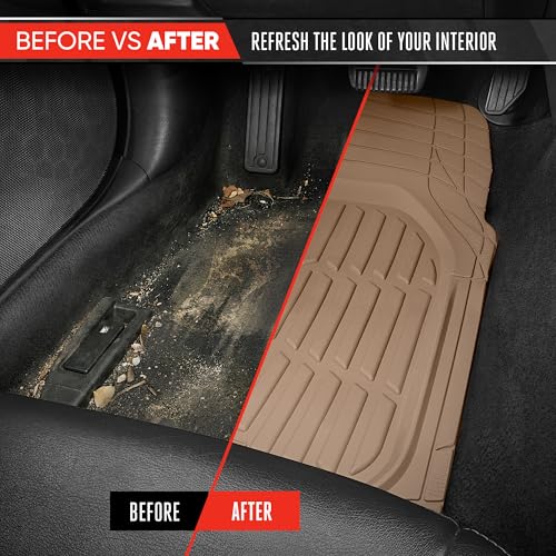 Image of Motor Trend FlexTough LITE Rubber Car Mats Full Set - All Weather Floor Mats for Trucks, Cars & SUVs - Automotive Waterproof Beige Car Floor Mats for Cars Interior Accessories Universal Trim-to-Fit
