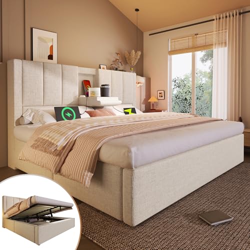 Kebnor Cama doble tapizada con soporte oculto para vasos y base de carga, cama hidráulica con espacio de almacenamiento debajo de la cama, incluye somier, lino (sin colchón) (beis, 180 x 200 cm)