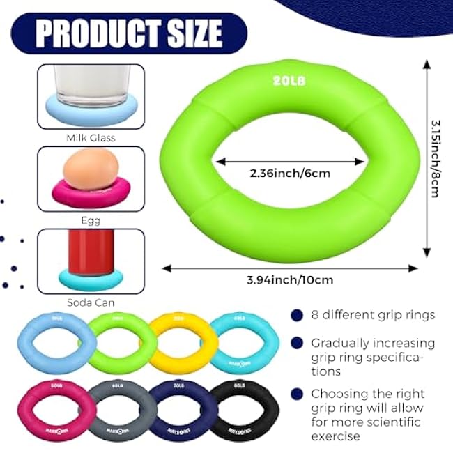 8 pcs Hand Strengthener Grip Ring - Forearm Ring Hand Exercisers - Silicone Squeeze Grip for Muscle Strengthening Training Tool - Arthritis Finger Physical Therapy PT Kit Trainer