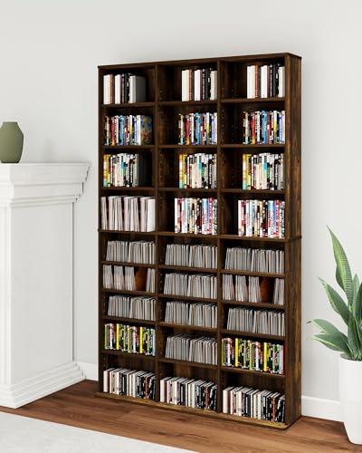 VPSMAT DVD Storage Tower with Adjustable Shelves, 9-Tier DVD Rack Tower for CDs, DVDs, Blu-Rays, Video Games, Rustic Brown Multimedia Storage Cabinet, Media Shelf Organizer for Living Room