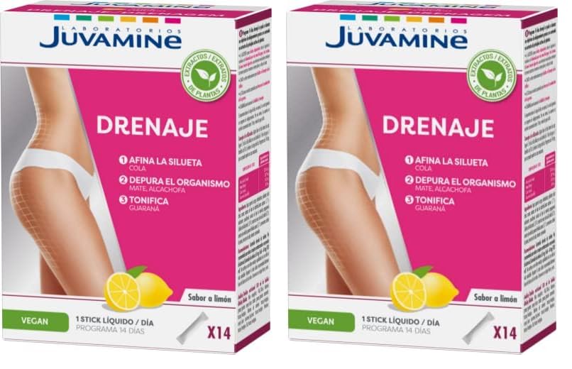 JUVAMINE - Programa 14 Días Drenaje - 14 Sticks Líquidos - Sabor Limón - Ayuda a la Eliminación de Líquidos y Toxinas - Tonifica - Detox - Alcachofa - Mate - Cola - Guaraná - Formato Práctico