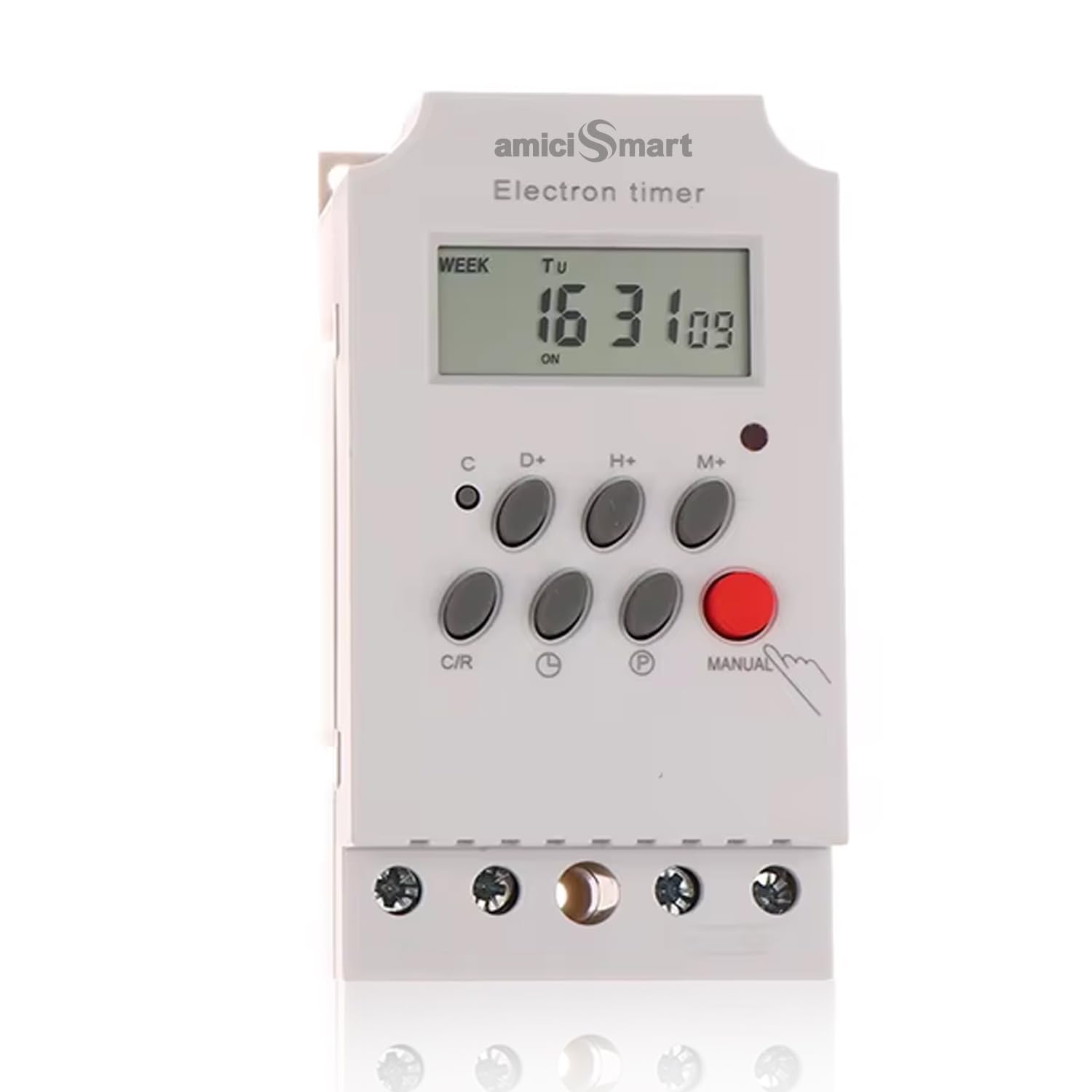 amiciSmart Digital Programmable Timer Switch Relay 25A | 28 ON/OFF Schedule | 7-Day Cycle | DIN Rail Mounted for Home/Office Automation 220V AC