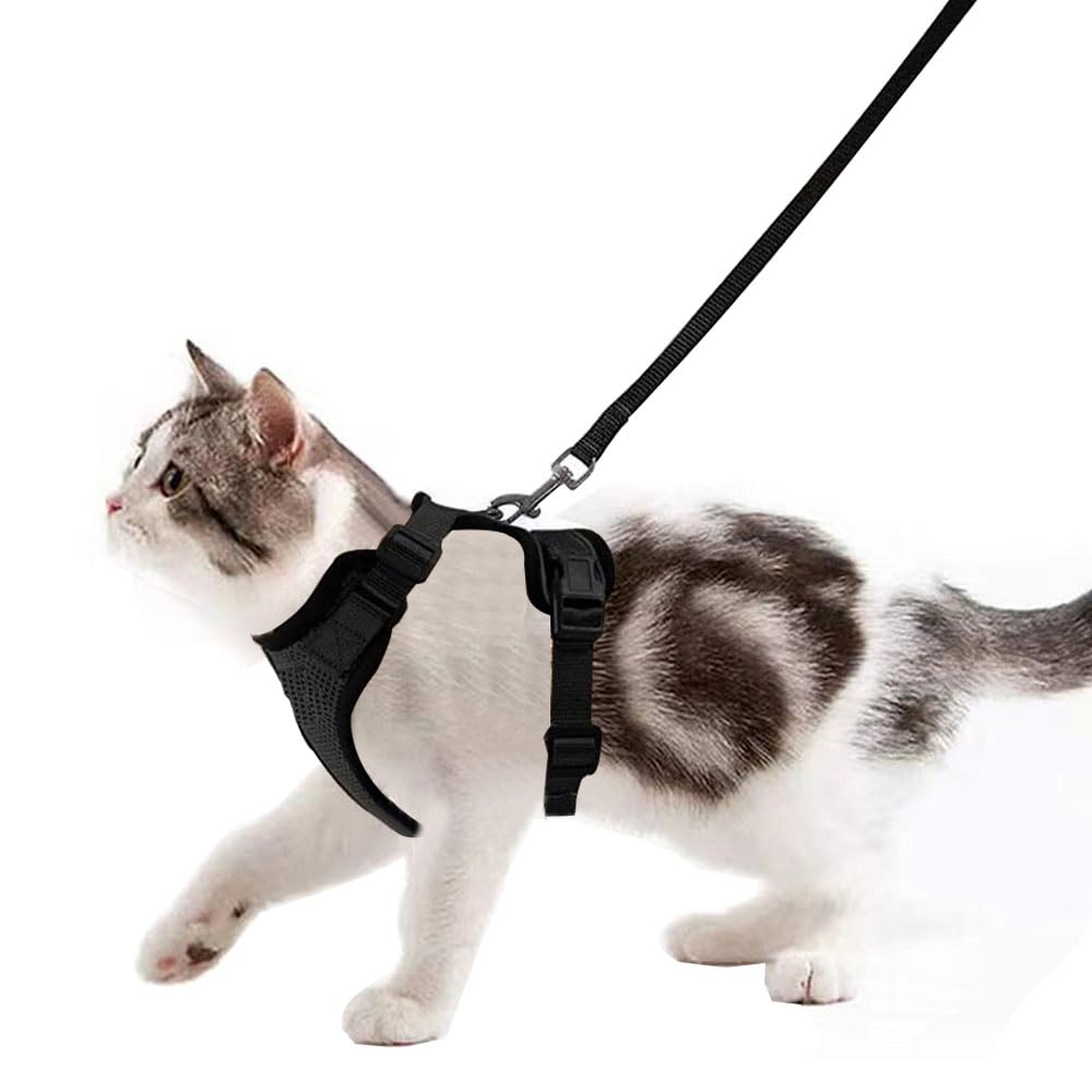 ORiTi Cat Harness and Leash Set for Walking, Escape Proof Safe Adjustable Kitten Vest Harnesses with Reflective Strips, Easy Control Soft Breathable Mesh Jacket for Growing Kittens, Cats Black, S Size