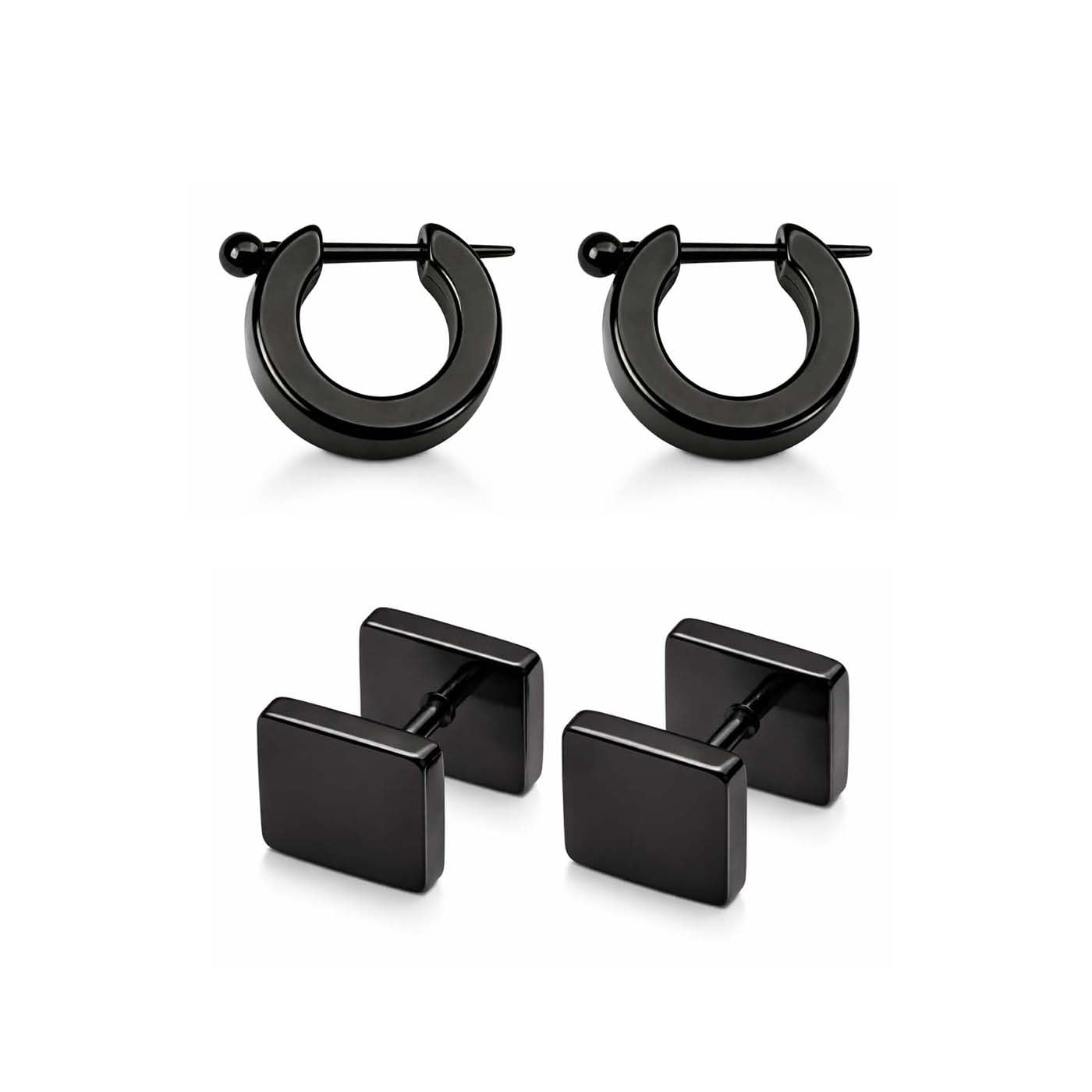 Combo of (2 Pair) Unisex Fancy & Stylish Stainless Steel Black Glossy Finish Square Dumbbell/Barbell Stud & Round Bali/hoop Clip on Metal Press Screw Ear Piercing Earrings for Men & Women-image-18