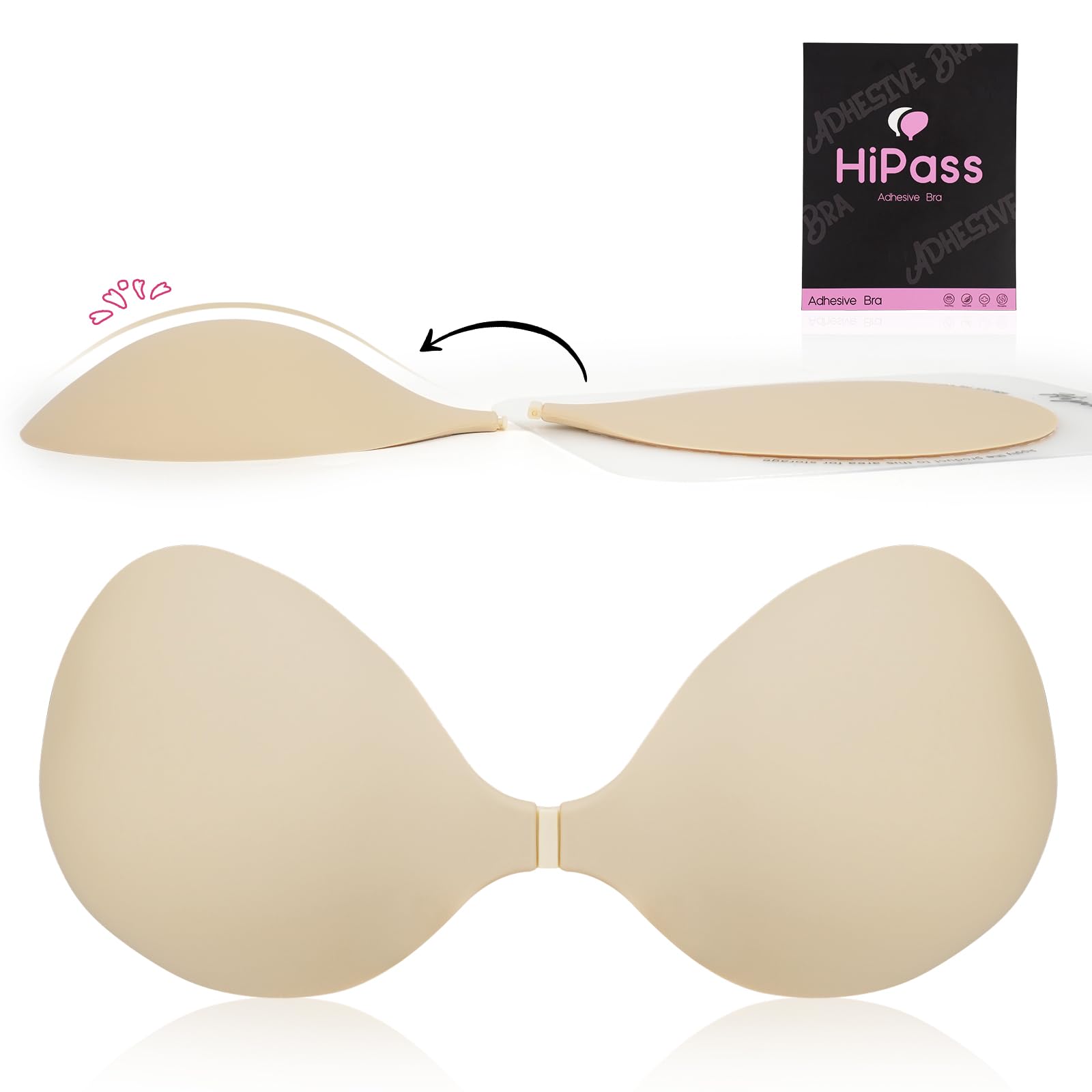 Hipass Adhesive Sticky Bra, Push Up Invisible Bras for Backless Strapless Dress,Reusable Wireless Breast Lift Bras for Women Beige