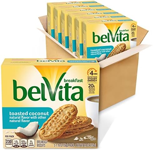 belVita Toasted Coconut Breakfast Biscuits, 6 Boxes of 5 Packs (4 Biscuits Per Pack)