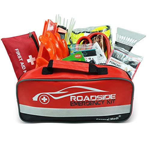 General Medi 127-Pieces Roadside Car Emergency Kit Include Mini First Aid Kit, Jumper Cables,Tow Rope, Bandage, Safety Vest, Emergency Triangle, All in One Pack