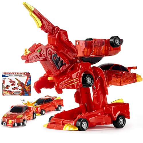 Image of Collision Transforming Dinosaur Car Toys, 2 in 1 Magnetic Car Transform into Dinosaur Toys, Dino Robot Toy, Deformation Car Birthday Easter Party Gifts for Kids Boys Girls, Red