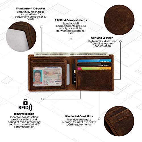 Brown Mens Leather Bifold Wallet with RFID Blocking Theft Protection, 5 card wallet slots & ID Window. Slim minimalist, distressed leather wallets for men.2