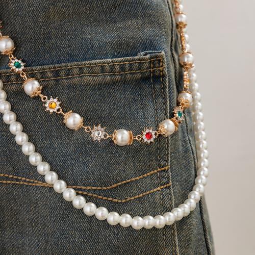 Wallet Chain Layered Pants Chains for Men Women, Punk Jeans Key Chain Accessories Exquisite Rhinestone Flower Pearl3