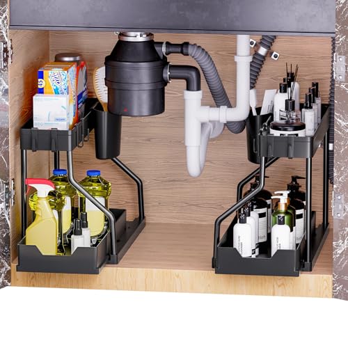 Puricon 2 Pack Under Sink organizer Pull Out Under Sink Organizers and Storage, 2-Tier Multi-Use Bathroom Organizer Under Sink Shelf with Sliding Drawer Kitchen Sink Organizer Under Cabinet -Black