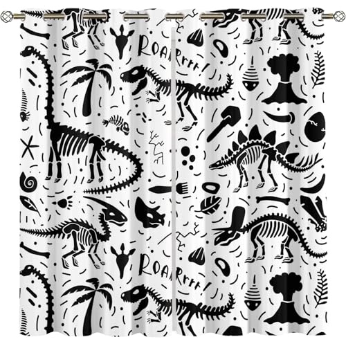 Cartoon Dinosaur Curtains, Black Dinosaur Skeleton Pattern Kids Room Curtains, Primitive Animal Bones Print 2 Panels Privacy Protect Blackout Drapes for Bedroom Decor Drapes-31 W X 72