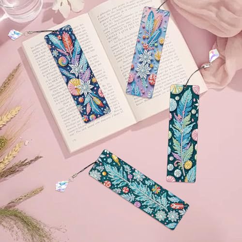 Image of 4 Pcs DIY 5D Diamond Painting Bookmark Kits, Special Shaped Acrylic Crystal Rhinestones Book Marks, Feather Diamond Art Bookmarks Crafts with Crystal Pendant, Handmade Tassel Bookmarks Gift Set