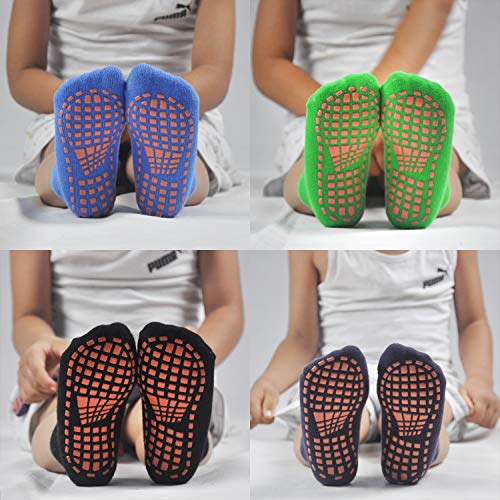 Trampoline Socks For Kids 4 Pairs , Anti-Skid Non Slip Sticky Grips Socks for Pilates, Ballet, Barefoot Workout