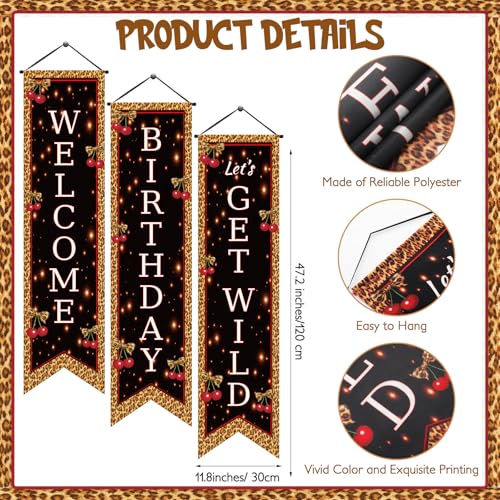 Image of Chiisong 3 Pcs Cheetah Print Birthday Party Decorations Cherry Leopard Print Banners Red and Black Cherry Wild Porch Signs Welcome Flags Photo Props Backdrop for Girls Women Night Outdoor Yard