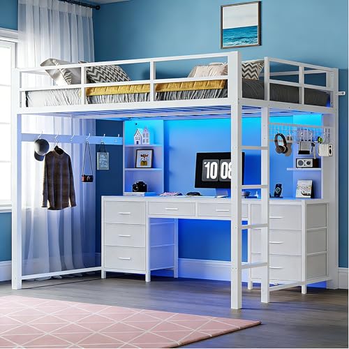 Opiniones de Literas en Monterrey para comprar online. 46 MYXSRI Litera Individual con Escritorio y Estación de Carga,Cama Alta de Metal con Luces LED, Estructura de Cama con 8 Cajones y 6 Estantes,Barandilla de Seguridad (Blanco,...