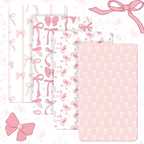 Image of Peryiter 4 Pack Crib Sheets for Baby Pink Bow Soft Baby Bed Sheet Set 52'' x 28 inch Nursery Crib Sheets for Standard Bed Toddler Mattress Nursery Decor Boys Girls Kids