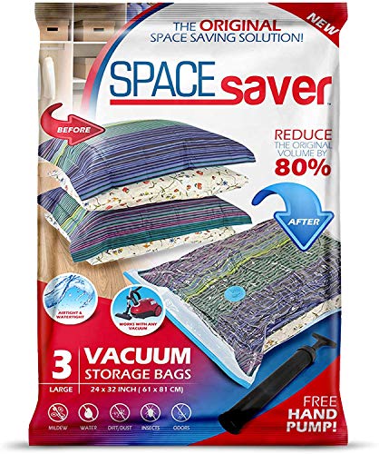 Spacesaver Premium Vacuum Storage Bags. 80% More Storage! Hand-Pump for Travel! Double-Zip Seal and Triple Seal Turbo-Valve for Max Space Saving! (Large 3 Pack)