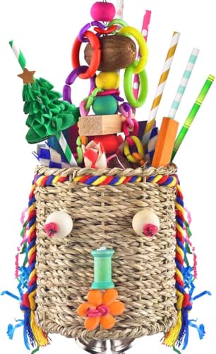Image of KUTKUT Hanging Bird Foraging Toys, Natural Grass Basket with Shredding Papers, Wooden Blocks & Colourful Chew Toys for Parakeets, Cockatiels, Conures, Small and Medium Bird Cage Accessories