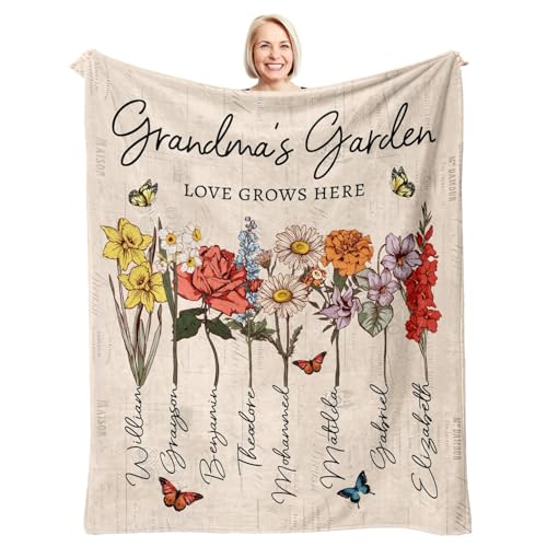 Julyly POD Personalized Grandma Blanket with Grandkids Names Grandmas Love Grows Here Birth Month Flowers Blanket with Family Names Nana Gift Grandma Gifts