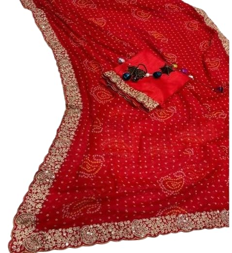 Bad Clothing Women Bandhani Georgette Saree with Heavy Embroidery Border & Blouse Piece – Party And Traditional Saree-image-19