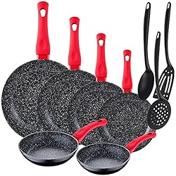 Sartenes San Ignacio Vita Amazon San Ignacio Paquete 6 sartenes Energy diámetro 18/20/22/24/26/28 cm, alumino forjado, negro + Set 3 utensilios de cocina en nylon