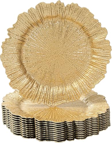 LATERN 12Pcs Reusable Gold Charger Plates 33CM Reef Plastic Dinner Charger Plate Large Round Serving Plate for Christmas Thanksgiving Halloween Wedding Party Catering Event Table Decoration