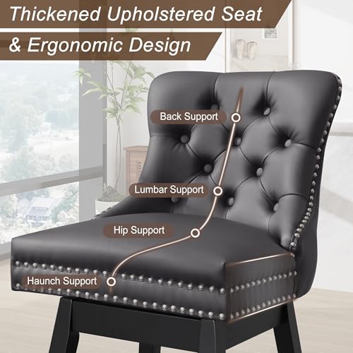 Image of Grey Leather Swivel Bar Stools Set of 6 with Back, 26 Inch Counter Height Chairs, Solid Wood Legs, Tufted Seat, Comfortable and Stylish for Kitchen, Island, Home Bar(Grey, 6 Pack, 26 inch H)