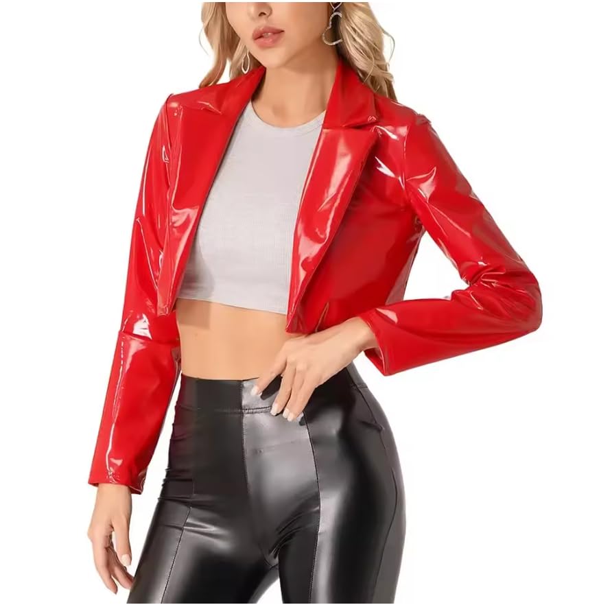 Punk Short Wetlook PVC skórzana klapa z długim rękawem przycięte topy odzież klubowa gotyckie damskie płaszcze personalizacja