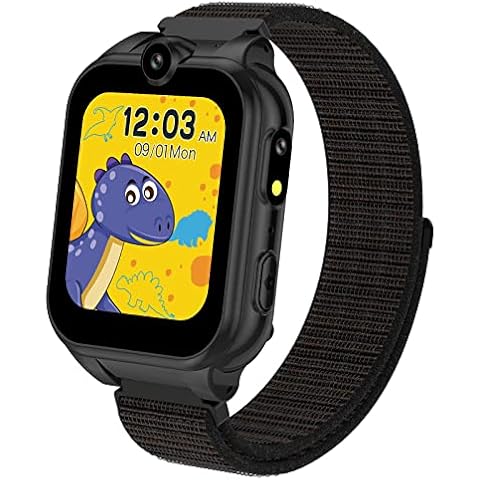 PTHTECHUS® Kids Smart Watch for Girls Boys, HD Touch Screen Toys with 18 Puzzle Games MP3 Music Video Player Dual Camera Pedometer Flashlight Alarm Clock,Birthday Toys for 4-12 Years Old（Black） Cover