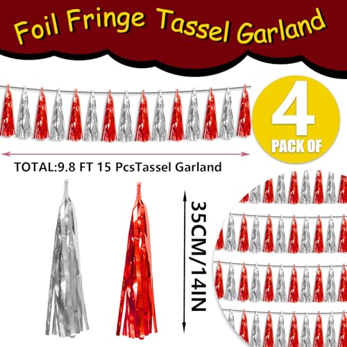 Image of 4P Red Silver Foil Fringe Metallic Tassel Streamers Banner Tassel Garland for Parade Floats, Graduation, Wedding, Birthday, Halloween, Christmas, Bridal /Baby Shower Party Decorations