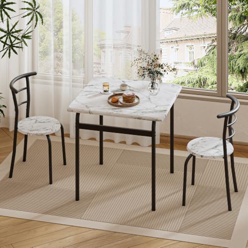 Image of VECELO 3-Piece Dining Table Set for Kitchen Breakfast Nook, Faux Marble Square Tabletop and Metal Frame, for Small Spaces, White & Black