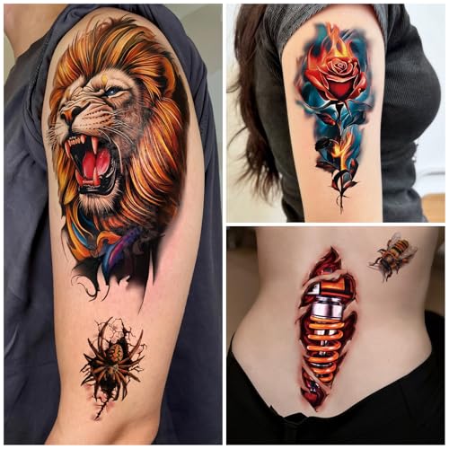 Image of 77 Sheets 3D Realistic Temporary Tattoos Adults Kids, Realistic Skull Tiger Wolf Lion Dragon Spider Snake Temporary Tattoos For Women Men, Half Arm 3D Halloween Temp Tattoos Look Real And Last Long