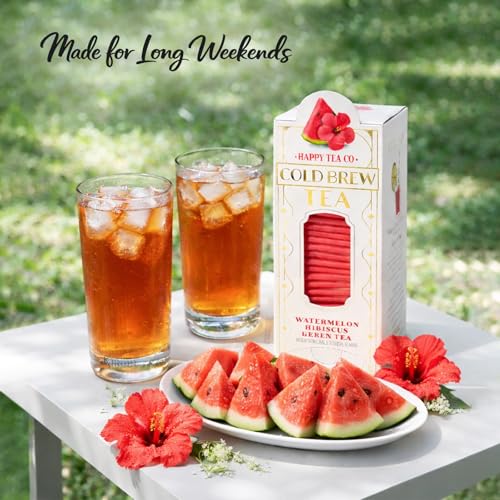 Image of Life Plus Style Gourmet Happy Tea Company Watermelon Hibiscus Green Tea Naturally Refreshing Cold Brew Tea Low Caffeine No Sugar Added Enjoy 40 Individually Wrapped Iced Tea Bags