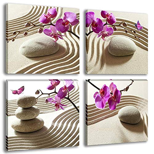 Purple Orchid Flower Canvas Wall Art Paintings 4 Pieces Beige Relaxing Zen Stone