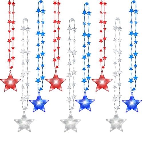 NOVWANG 9 Pcs 4th of July LED Light Up Necklaces Accessories Patriotic Star Bead Necklace Red White Blue Glow Star Accessories for Fourth of July Party Favors Independence Day Memorial Day Party Supplies