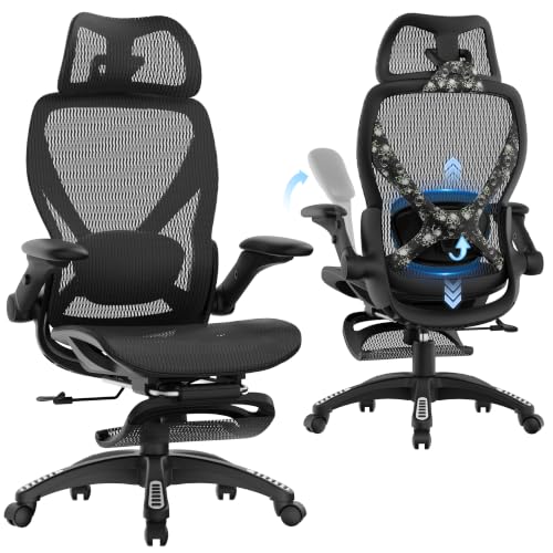 Image of ELABEST X100 Ergonomic Mesh Office Chair with Footrest, Big and Tall Home Desk Chair with 5D Flip-Up Arms, Adjustable 3D Lumbar Support, Gaming & Executive Computer Chair, Night Reaper