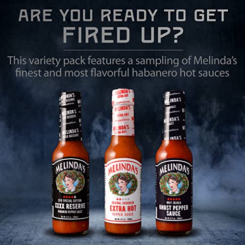 Image of Melinda's Hot Sauce Variety Pack - Extra Spicy Gourmet Hot Sauce Gift Set with Variety of Heat Levels - Includes Extra, XXXXtra Reserve, Ghost Pepper - 5 oz, 3 Pack