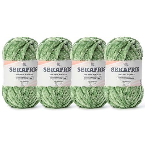 Image of Fuzzy Chunky Chenille Yarn for Crocheting,Soft Plush Yarn for Hand Knitting,Bulky 4x100g (4x49.2yd) Baby Blanket Yarn for Crocheting Amigurumi Yarns,Crochet Fluffy Velvet Yarn (4 Avocado Green)