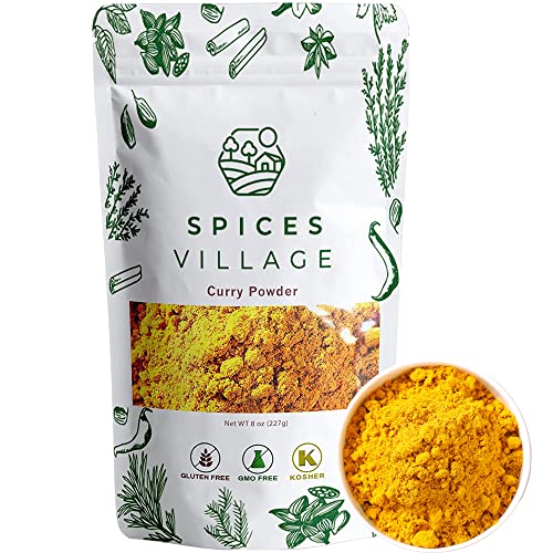 SPICES VILLAGE Yellow Indian Curry Powder, Curry Spice for Cooking, 8 oz, Natural Medium Madras Curry Mix, Kosher, Gluten Free, Non GMO, Salt Free, Resealable Bulk Bag