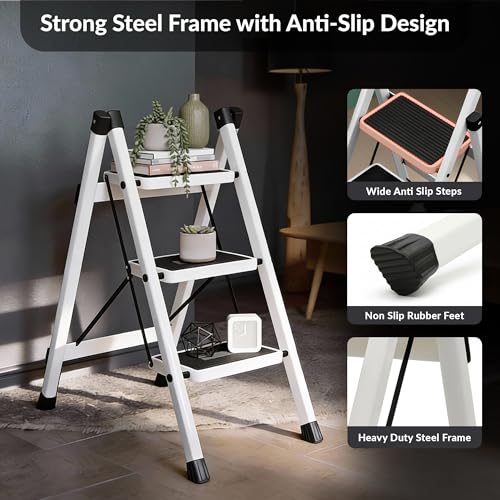 Image of Plantex 3 Step Ladder for Home Use /Wide Anti-Slip Heavy-Duty Step Stool /Lightweight Kitchen Ladder 3 Step (White)