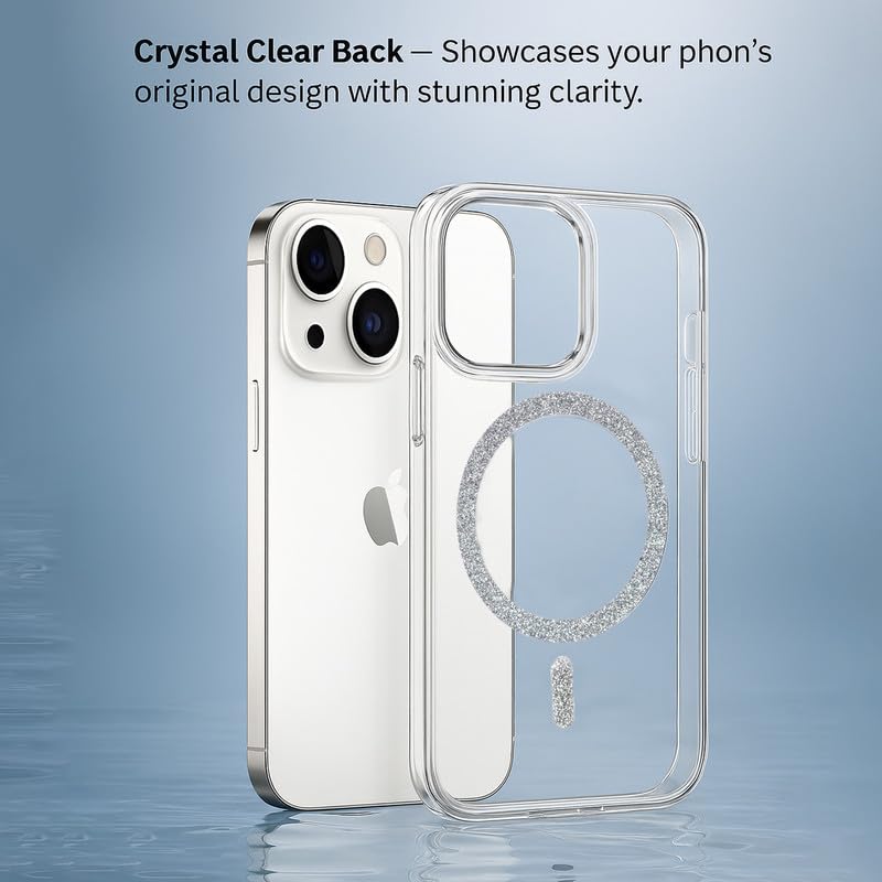 Image of AIBEX Back Cover Case Compatible with iPhone 15 | Glitter Ring Cute Shiny Colorful Bling Case (Compatible with Magsafe) | Transparent PC+TPU Glossy Shiny Cover for Girls & Women - Silver