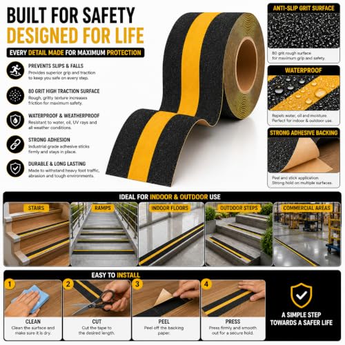 Image of YORWE Anti Slip Stair Tape with Glow in the Dark Strip - Heavy Duty Waterproof Non Slip Traction Tape for Stairs, Steps, Outdoor & Indoor Safety (Black and Yellow, 5 Meter)