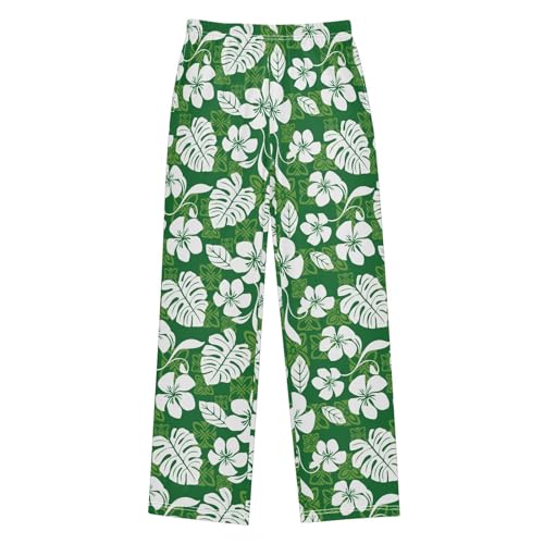Palm Leaf Hibiscus Flower Boys Long Pants Soft Trousers Elastic Waist Kids Lounge Bottoms with Pockets S-XL