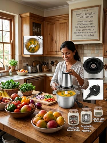 Image of GABANICREATION Multi Function Chef Blender 1200W Pure Copper Motor Stainless Steel Work Bowl 2.0L Capacity Dual Speed Switch Meat Grinder Electric Vegetable Chopper Food Processor Model (Pack of 1)