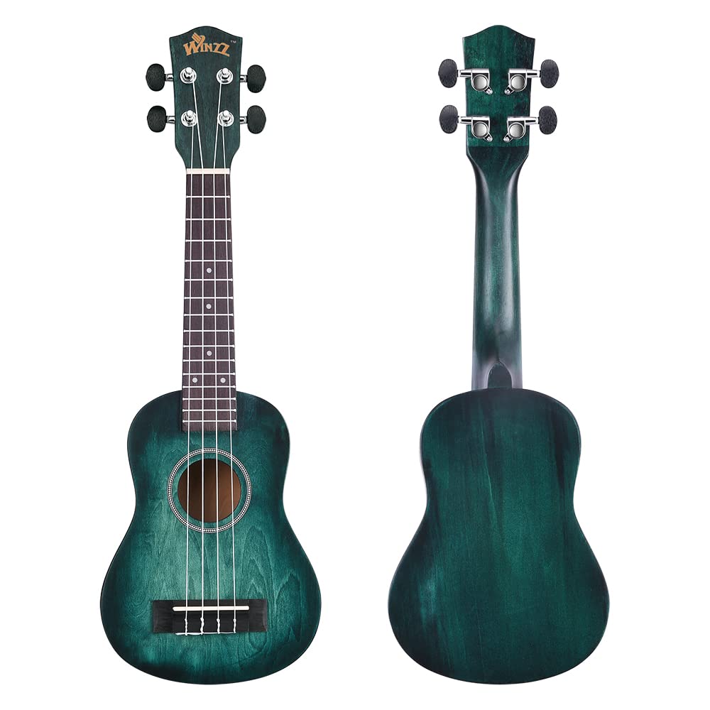 Winzz Ukulele Soprano Principianti Bambini Adulti 21 Pollici, Unico Blu-verde Ukulele Scuola Media Legno Kit 8 Accessori con: Adesivo per Tastiera, Carta degli Accordi