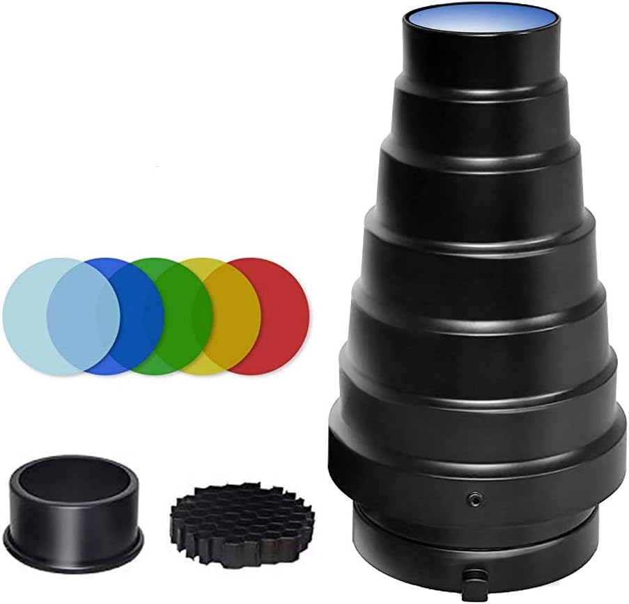 Aluminium Alloy Conical Snoot Kit for Bowens Mount Strobe Flash Speedlite Photography,Honeycomb Grid and 5 Pieces Color Filters for Bowens Mount Strobe Flash Speedlite