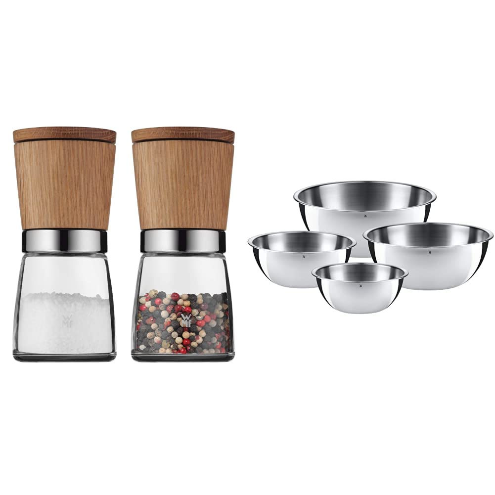 WMF Ceramill Nature Salz und Pfeffer Mühle Set 2-teilig unbefüllt, Keramikmahlwerk & Gourmet Schüsselset 4-teilig Edelstahl Schüsseln für die Küche 0,75l - 2,75l, Cromargan, stapelbar
